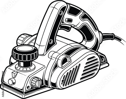Detailed black and white illustration of an electric wood planer power tool