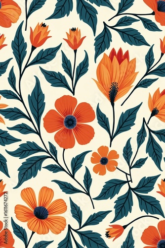 Seamless Orange Wildflower Pattern Illustration on Cream Background