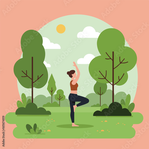 An illustration of a woman doing yoga in a park with trees, bushes, a yellow sun, white clouds, and light green sky.