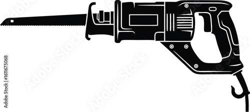 Powerful reciprocating saw in black and white depicting tool for construction or repair work