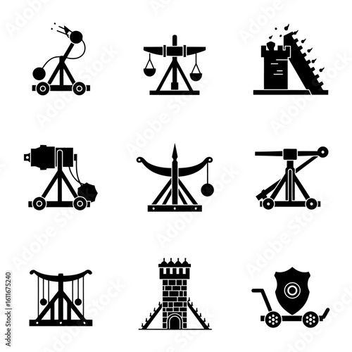 Set of medieval siege engines and weaponry for warfare