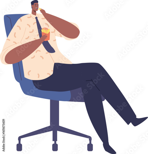 Businessman eating french fries fastfood