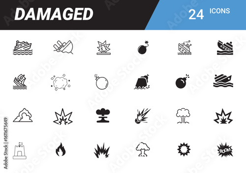 Icons of Destruction: A comprehensive set of iconographic illustrations presenting various forms of damage, destruction, and devastation.
