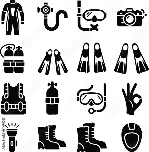 Scuba diving and underwater exploration equipment black icons set with various gear symbols