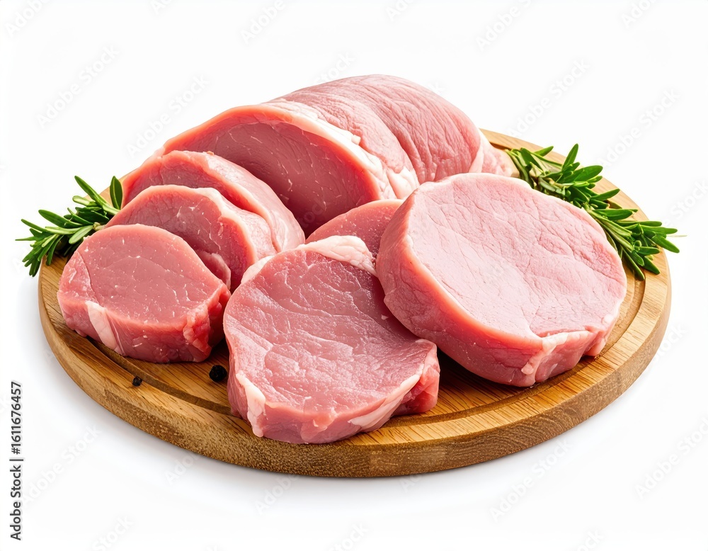 Fototapeta premium Fresh raw pork loin chops with a pinkish hue and marbling on a round wooden cutting board garnished with sprigs of fresh herbs on a clean white background
