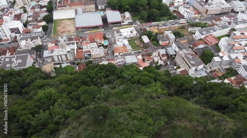 MIRANTE DO MORRO DO CRISTO, JUIZ DE FORA, MINAS GERAIS, BRAZIL - DECEMBER 20, 2021: Drone view of Juiz de Fora from the highest lookout in the city.