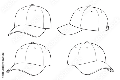 High quality drawing of a baseball cap with a curved bill, detailed front, and back view, suitable for merchandise designs and clothing marketing.