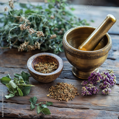Ayurvedic healing setup with brass motor and pestle.