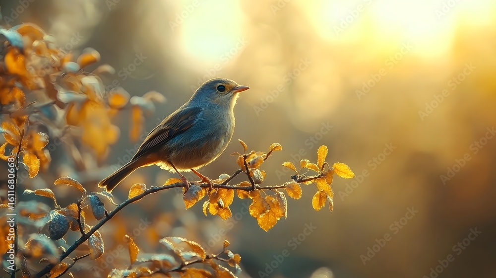 Fototapeta premium A bird perched on a branch in the misty morning light
