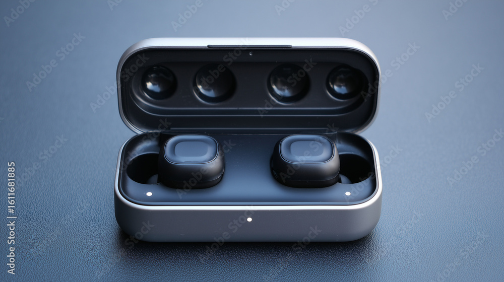 Fototapeta premium Wireless earbuds inside sleek charging case