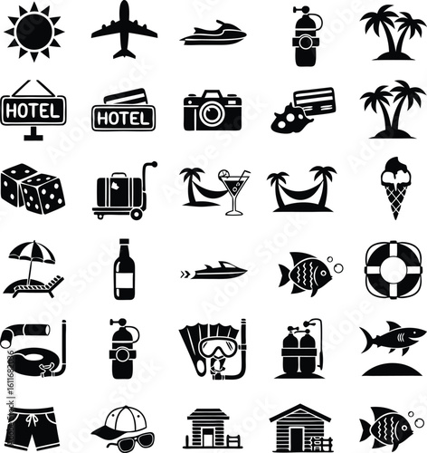 Summer vacation travel tourism icons set featuring beaches and water activities