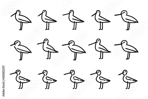 Minimalist shorebirds: A charming flock of minimalist shorebirds in silhouette, each meticulously crafted with a simple yet elegant line drawing technique, showcasing a subtle essence.
