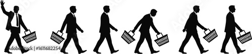 Businessman silhouette progression, carrying shopping baskets, energetic to exhausted stages, workday transformation, vector illustration, office worker, daily routine, fatigue