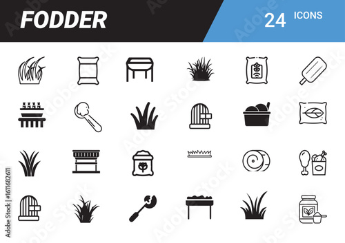 Fodder Icons: A comprehensive icon set depicting a diverse array of feed-related elements, offering visual representation for various agricultural and farming needs.