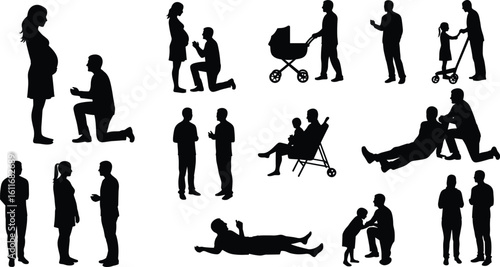 Family silhouette bundle, parenting scenes, child activities, walking together, playing moments, vector illustrations, stroller, scooter, bonding, outdoor interaction, flat design