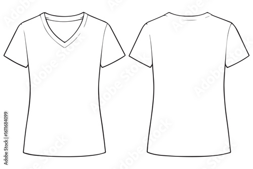 Front and back view of a blank V neck T shirt design, ideal for custom apparel printing, fashion branding, and merchandising.