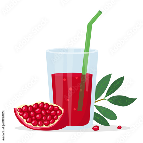Fresh Pomegranate red juice in glass, piece of pomegranate and leaves. Diet vitamin C juice or smoothie. Detox fruit cocktail for healthy dieting. Vector illustration isolated on white background.