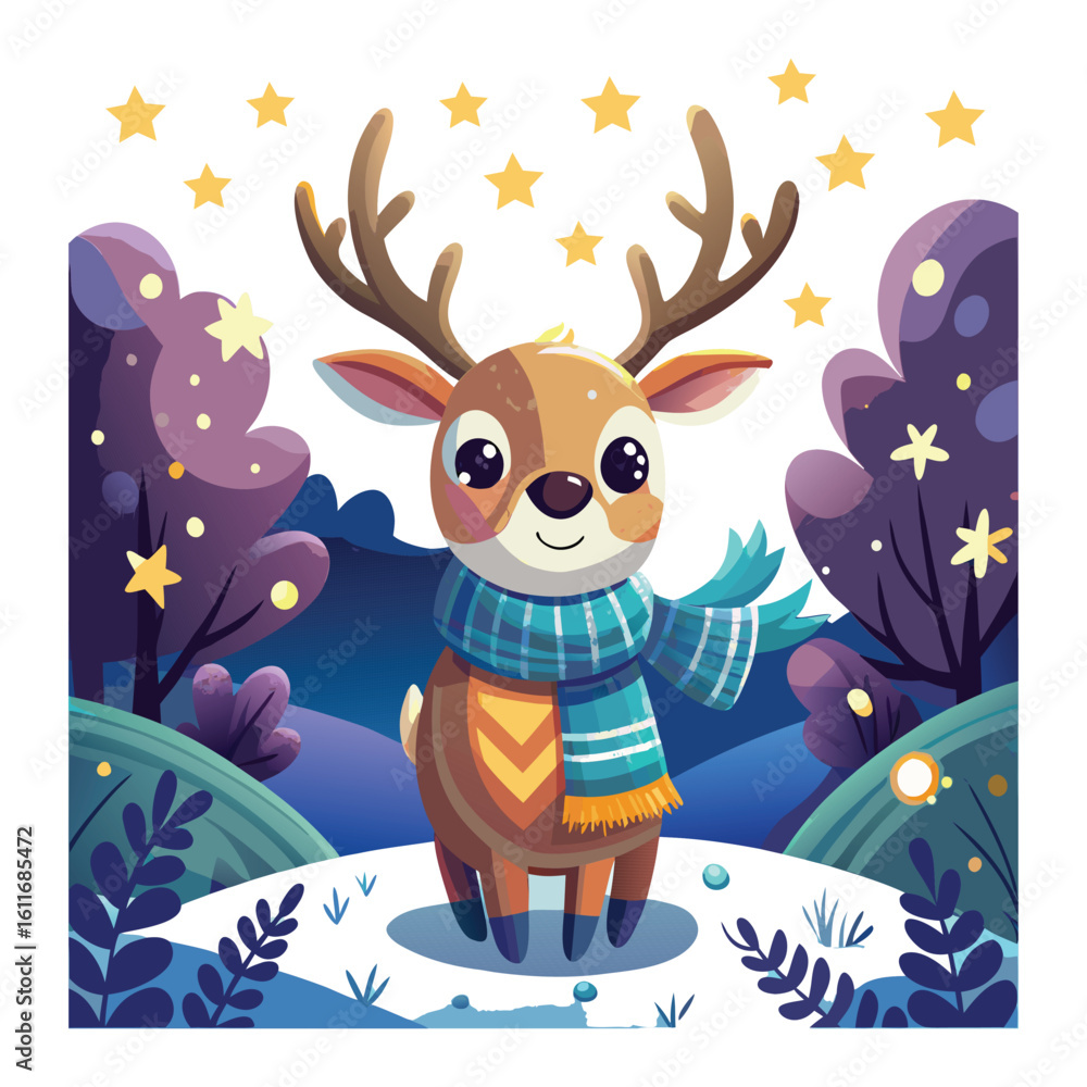 Naklejka premium christmas day, Adorable Cartoon Reindeer in Winter Wonderland, Festive Holiday Illustration