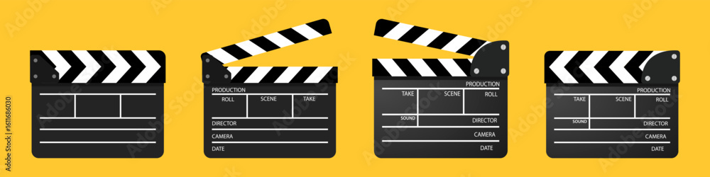 Obraz premium Clapper board vector icon set. Opened and closed movie clapper film clap board. Movie, cinema, film symbol concept. Director clapboard. Filmmaking, video production industry equipment.