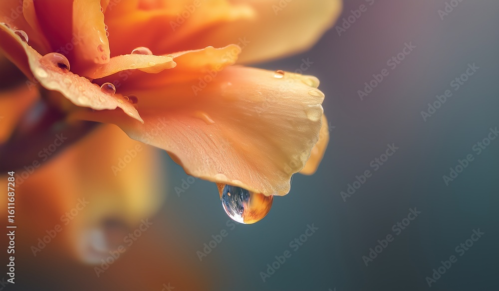 Fototapeta premium A mesmerizing macro shot of a delicate water droplet suspended from an orange flower petal, emphasize natural elegance and tranquility
