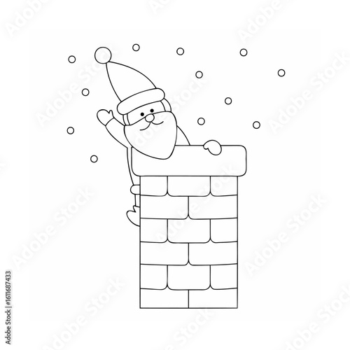 Santa Claus emerging from chimney waving christmas