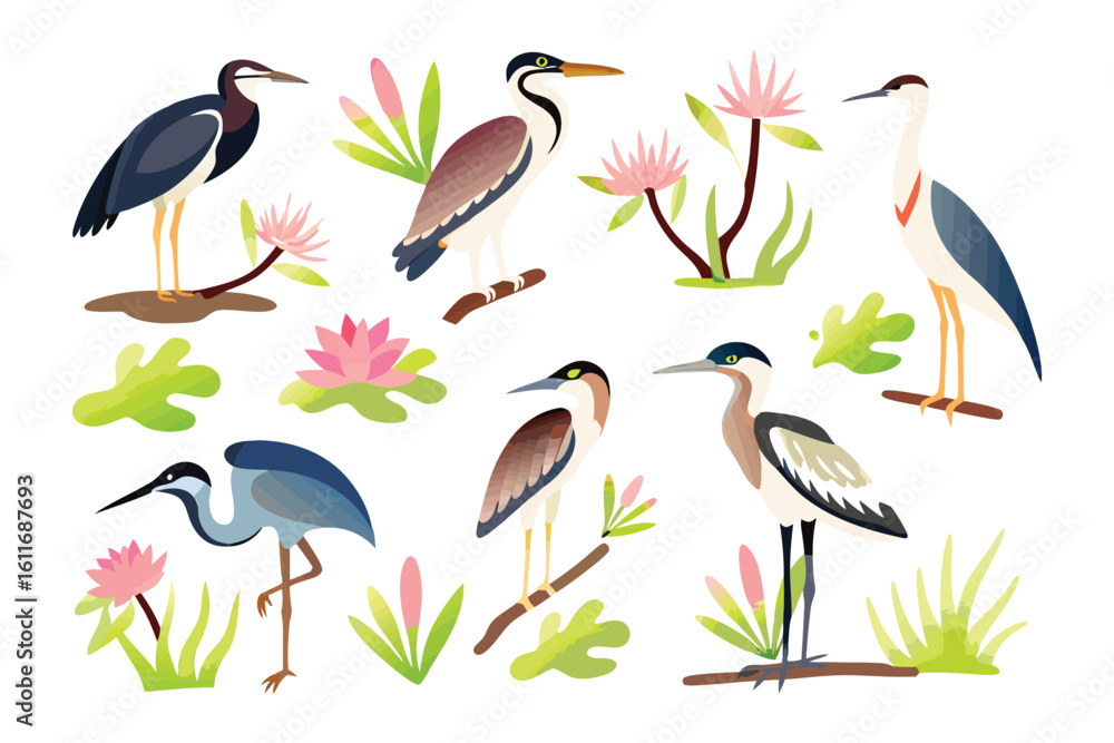 Obraz premium Watercolor Birds in Wetland: A vibrant watercolor illustration featuring diverse avian species gracefully navigating a tranquil wetland ecosystem.