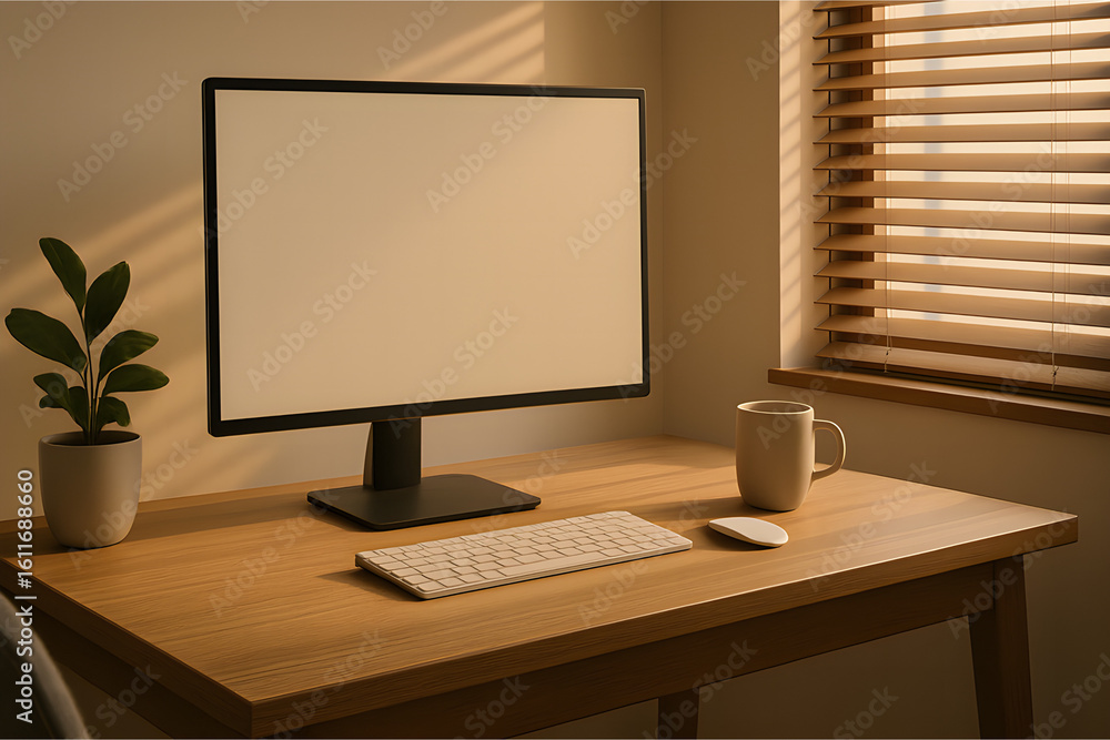 Fototapeta premium Sunny Office Workspace with Potted Plant
