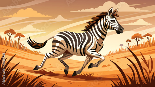 A zebra gallops across dry savanna plains, stripes blurring in the heat as it races through dust