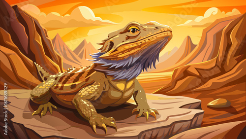 A bearded dragon basks on a sun-warmed rock in a dry desert canyon, eyes blinking slowly