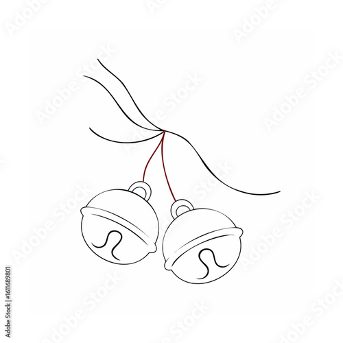 Two jingle bells hanging from a branch festive