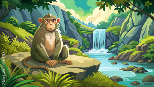 A macaque monkey sits on a mossy rock beside a jungle waterfall, grooming calmly in the shade