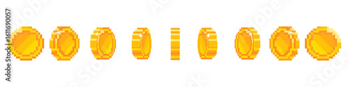 pixel coin with view from different sides for animation. Animation footage of a gold coin. 8-bit Retro video game style. Vector illustration