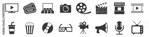 Cinema icons set. Movie Icons collection. Clapper board icon set. Contains such icon as film, movie, tv, video and more. Movie, Video icons, Collection film, TV sign. Vector illustration