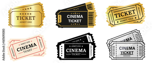 Template of cinema tickets. Vector designs of various cinema tickets with illustrations of video cameras and other tools. Ticket set icon