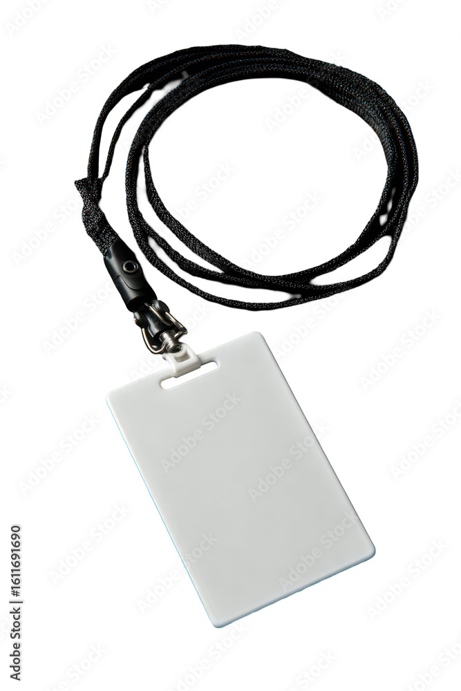 Fototapeta premium Blank white rectangular ID card attached to a coiled black leather lanyard with a silver clasp