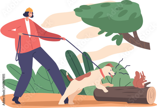 Woman restraining dog barking squirrel