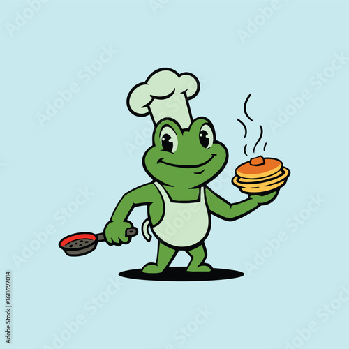 Mascot of Frog Chef character with a cake. 