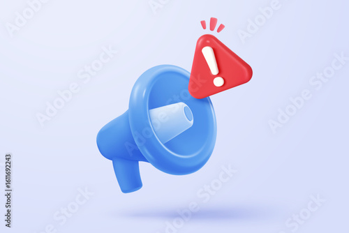 3d megaphone speaker or loudspeaker with alert notice icon sign for announce. negative check list buttons, urgency correct, tick message reminder for problem. 3d emergency icon vector illustration