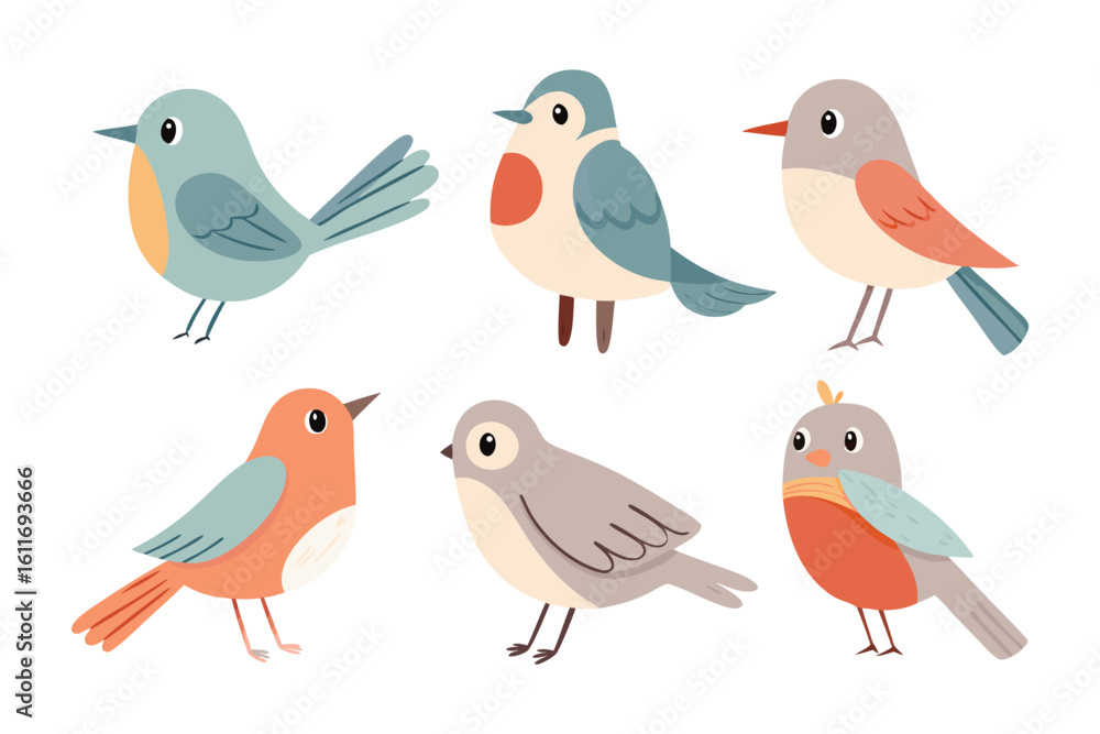 Fototapeta premium Colorful Bird Collection: A delightful assortment of cheerful birds showcases a vibrant palette of colors, celebrating nature's whimsical beauty and bringing a sense of joy.