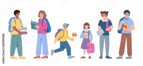 Set of pupils and students with books and school bags. Smiling school kids or teenage boys and girls, classmates or friends on white background. Vector illustration.