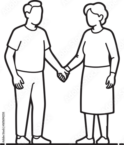 Senior Support Line Art Icons – Elderly People Holding Hands Vector for Care Services