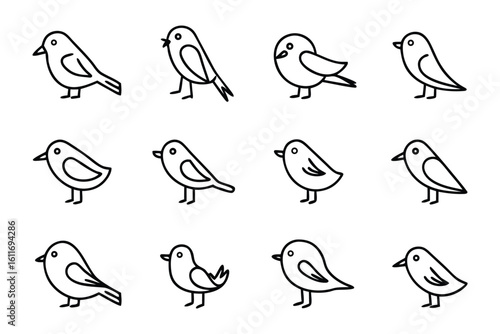 Playful Bird Collection: A charming collection of cartoon birds depicted in a simple line art style, perfect for designs requiring cute, nature-inspired elements.