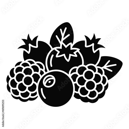 Black and white graphic illustration of assorted berries and leaves fruit raspberry