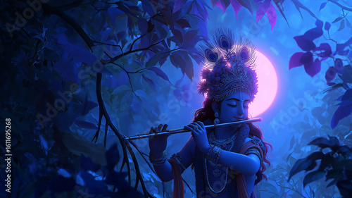 Krishna playing flute under kadamba tree with moonlight halo, traditional peacock feather crown, vrindavan atmosphere, 4k, clear view