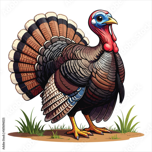 Proud Turkey Strutting in a Field Detailed Feather and Color Rendering Thanksgiving and Wildlife Theme