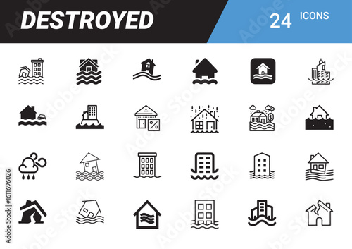 Destructive Nature: A powerful visual representation of destruction, rendered through a series of stylized icons, each depicting various structures affected by natural disasters.