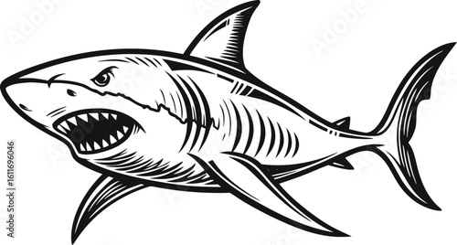 Vintage Black and White Shark Illustration – Fierce Great White Clipart
