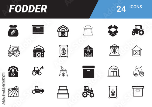 Fodder Icon Set: A comprehensive collection of meticulously crafted icons representing various aspects related to fodder, including farming, agriculture and food