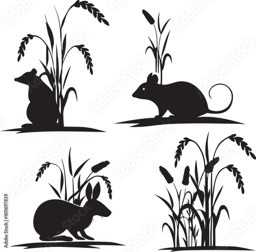 Silhouette Illustrations of Rodents and a Rabbit Amongst Various Grains and Grasses, Creating an Enigmatic and Naturalistic Black and White Composition