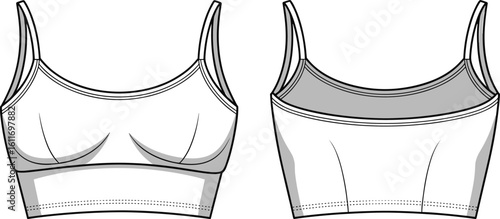 Women's sports bra design, front and back view, activewear garment, fashion sketch, technical drawing, CAD flat vector illustration